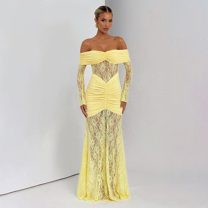 Damer Elegant Långärmad Spets Klänning med Rynkor och Off-shoulder Design Mirla-Eva Jonsson