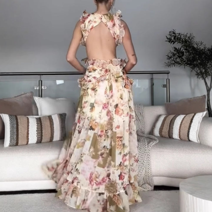 Damer Elegant Maxi Klänning med Blommiga Volanger och Djup V-Hals-Eva Jonsson