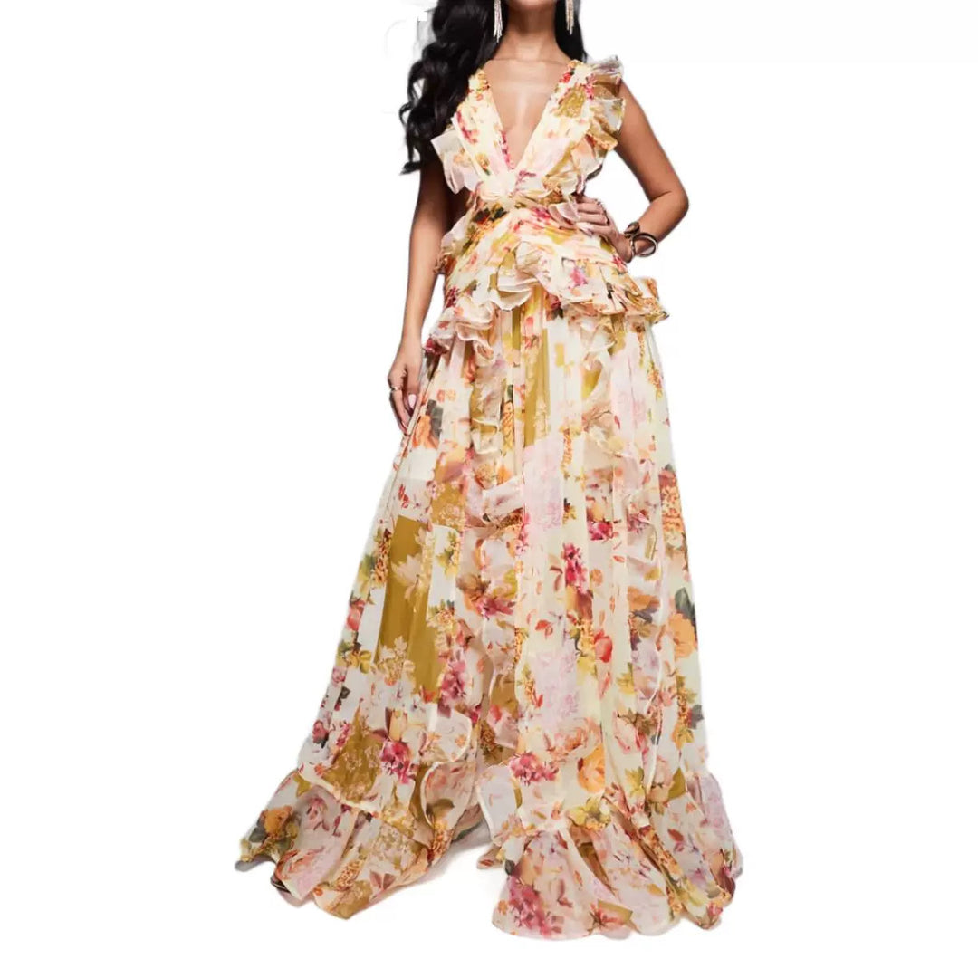 Damer Elegant Maxi Klänning med Blommiga Volanger och Djup V-Hals-Eva Jonsson