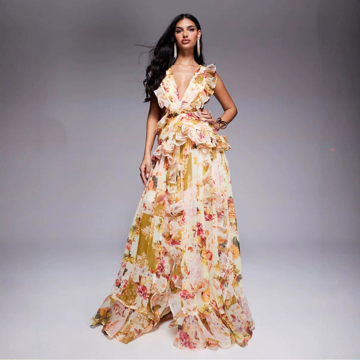 Damer Elegant Maxi Klänning med Blommiga Volanger och Djup V-Hals-Eva Jonsson