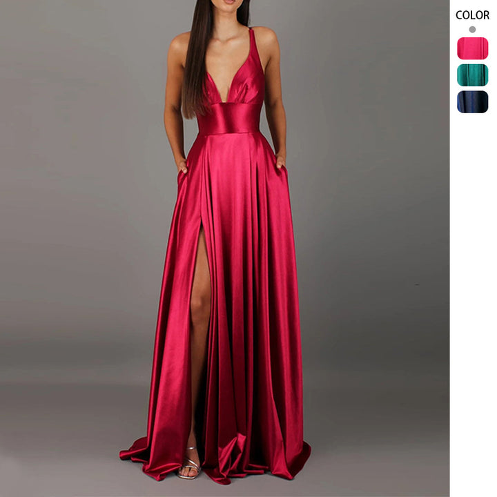 Damer Elegant Maxi Klänning med Djup V-Hals och Modernt Sprund-Eva Jonsson