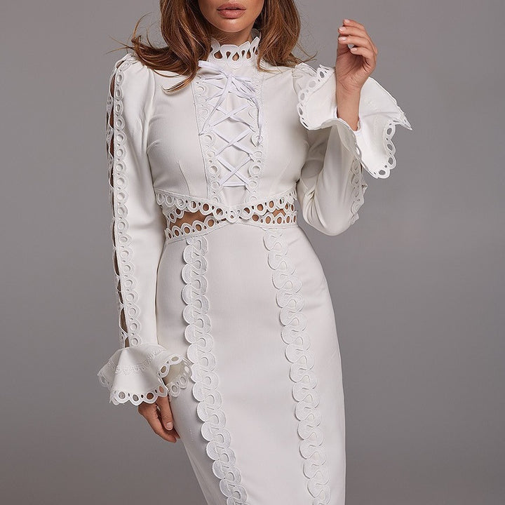 Damer Elegant Maxi Klänning med Spetsapplikationer och Peplum-Eva Jonsson