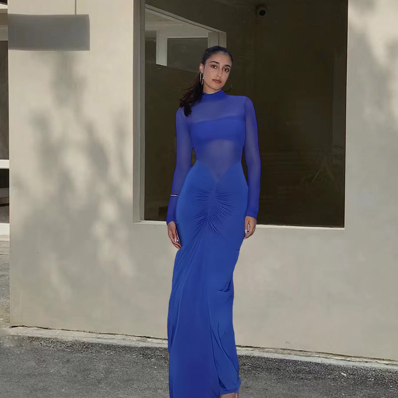 Damer Elegant Maxi Klänning med Transparenta Ärmar och Raffinerad Drapering Mirla-Eva Jonsson