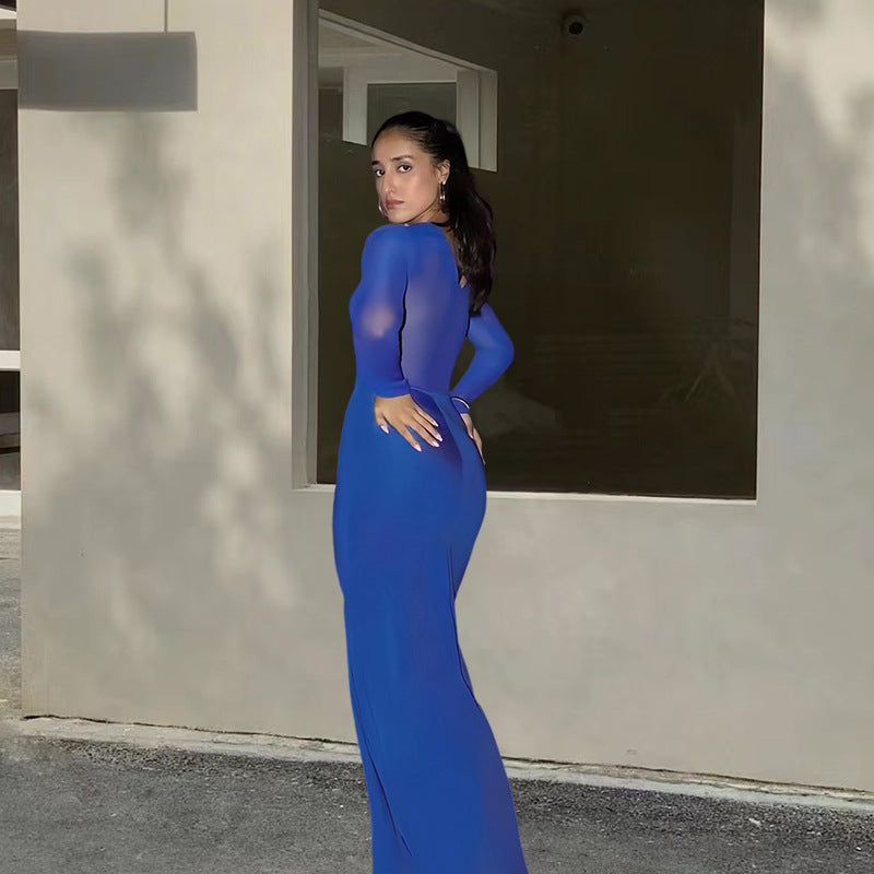 Damer Elegant Maxi Klänning med Transparenta Ärmar och Raffinerad Drapering Mirla-Eva Jonsson