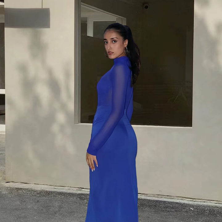 Damer Elegant Maxi Klänning med Transparenta Ärmar och Raffinerad Drapering Mirla-Eva Jonsson