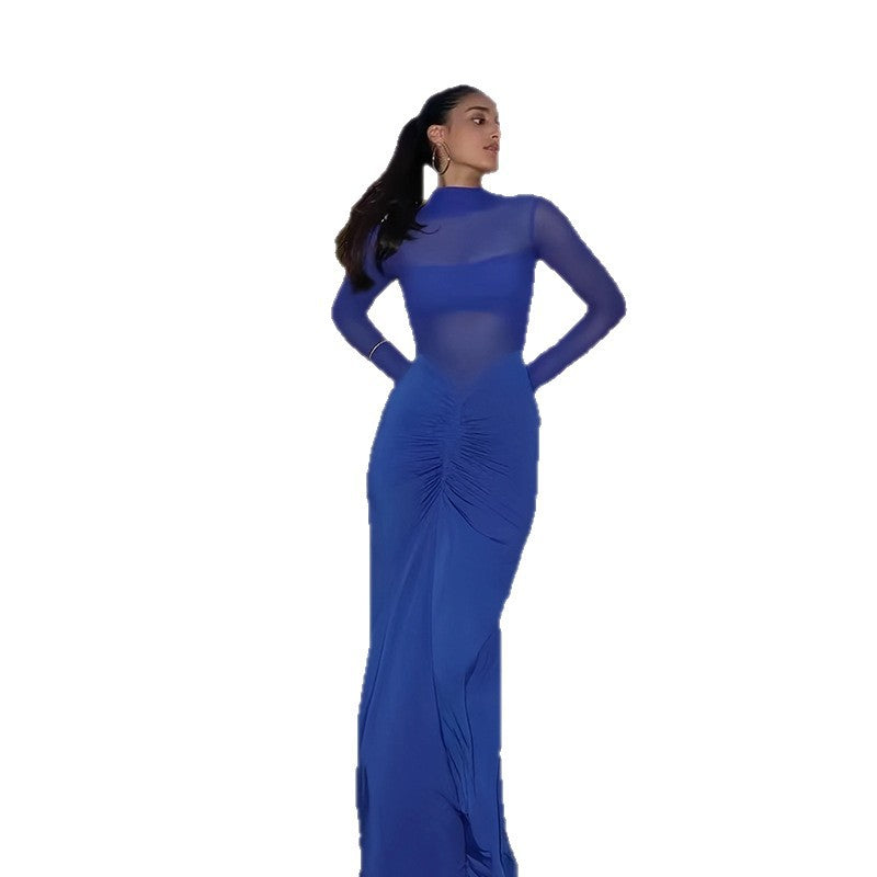 Damer Elegant Maxi Klänning med Transparenta Ärmar och Raffinerad Drapering Mirla-Eva Jonsson