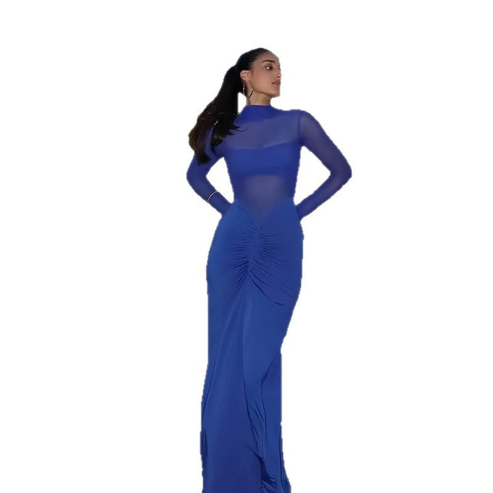 Damer Elegant Maxi Klänning med Transparenta Ärmar och Raffinerad Drapering Mirla-Eva Jonsson