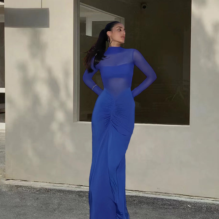 Damer Elegant Maxi Klänning med Transparenta Ärmar och Raffinerad Drapering Mirla-Eva Jonsson