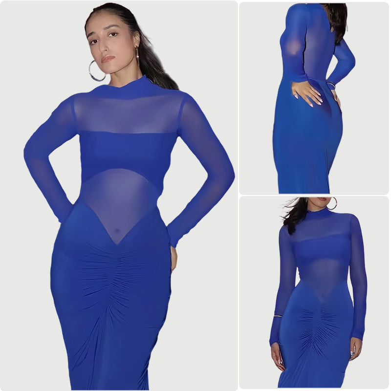 Damer Elegant Maxi Klänning med Transparenta Ärmar och Raffinerad Drapering Mirla-Eva Jonsson
