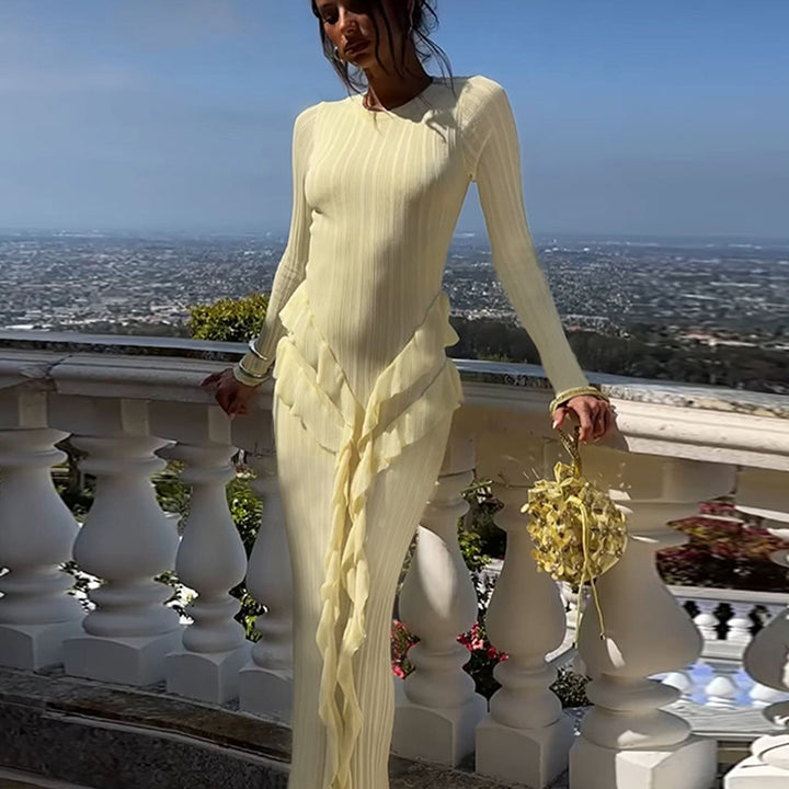Damer Elegant Maxi Klänning med Voluminösa Volanger och Långa Ärmar Mirla-Eva Jonsson