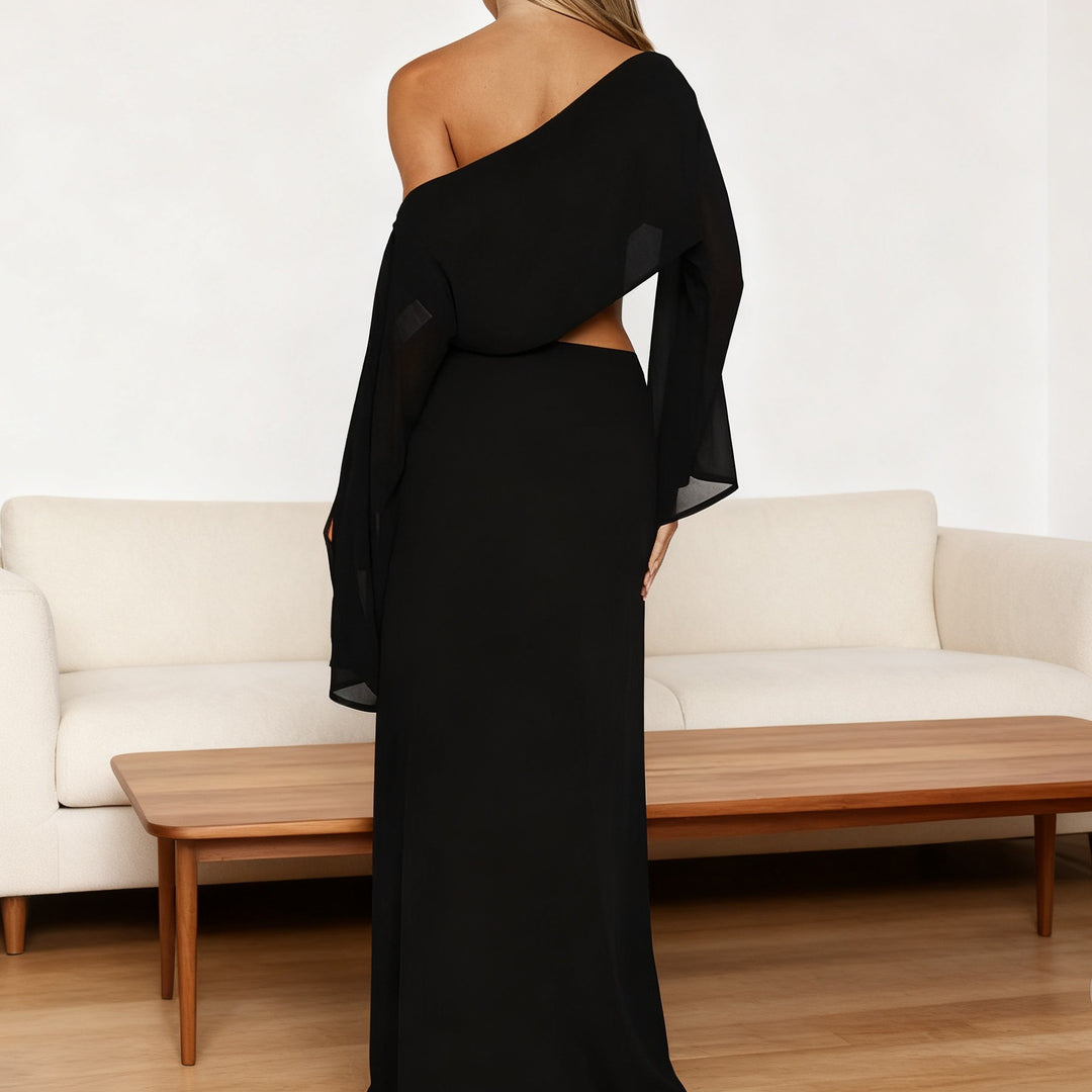Damer Elegant Maxi-Klänning med asymmetrisk skärning och lång ärm Mirla-Eva Jonsson