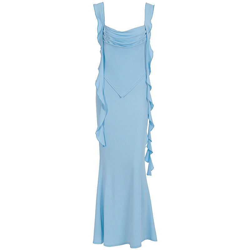 Damer Elegant Maxi-Klänning med asymmetriska volangdetaljer och djup V-ringning Mirla-Eva Jonsson