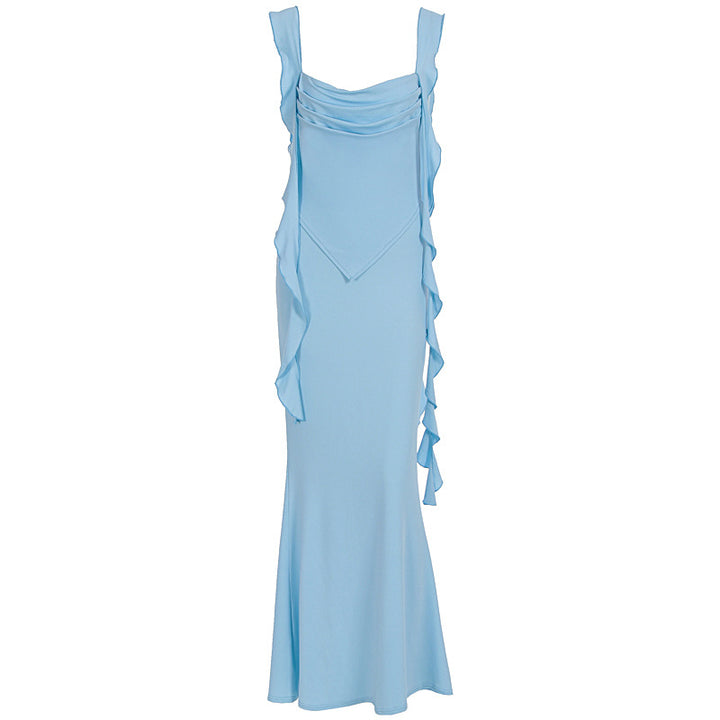 Damer Elegant Maxi-Klänning med asymmetriska volangdetaljer och djup V-ringning Mirla-Eva Jonsson