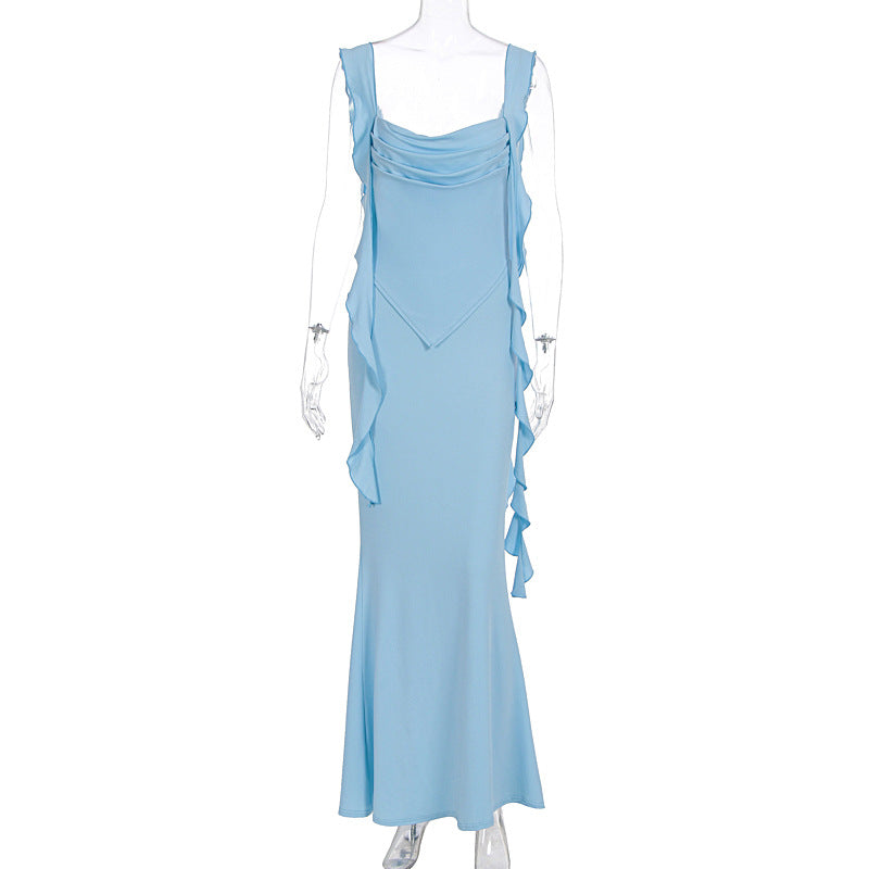 Damer Elegant Maxi-Klänning med asymmetriska volangdetaljer och djup V-ringning Mirla-Eva Jonsson