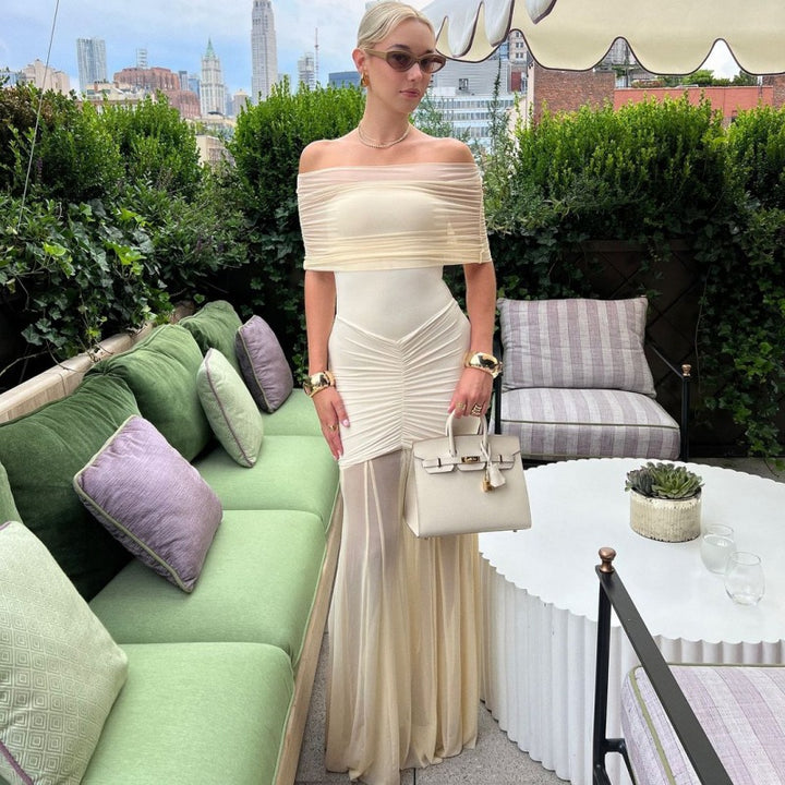 Damer Elegant Maxi-klänning med off-shoulder design och rynkor Mirla-Eva Jonsson