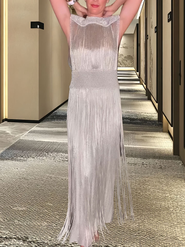 Damer Elegant Maxiklänning med Fåror och sidofransar Eva Jonsson-Eva Jonsson