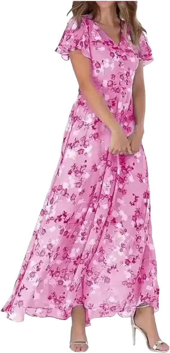 Damer Elegant Maxiklänning med Transparenta Ärmar och Blommönster Mirla-Eva Jonsson