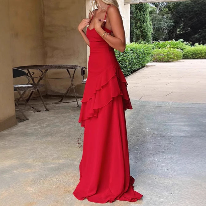 Damer Elegant Maxiklänning med asymmetrisk volangkjol och spaghettiband Eva Jonsson-Eva Jonsson