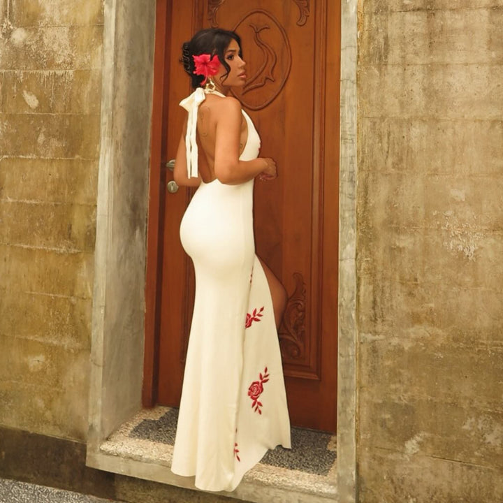 Damer Elegant Maxiklänning med blommönster och genomskinlig slits Mirla-Eva Jonsson