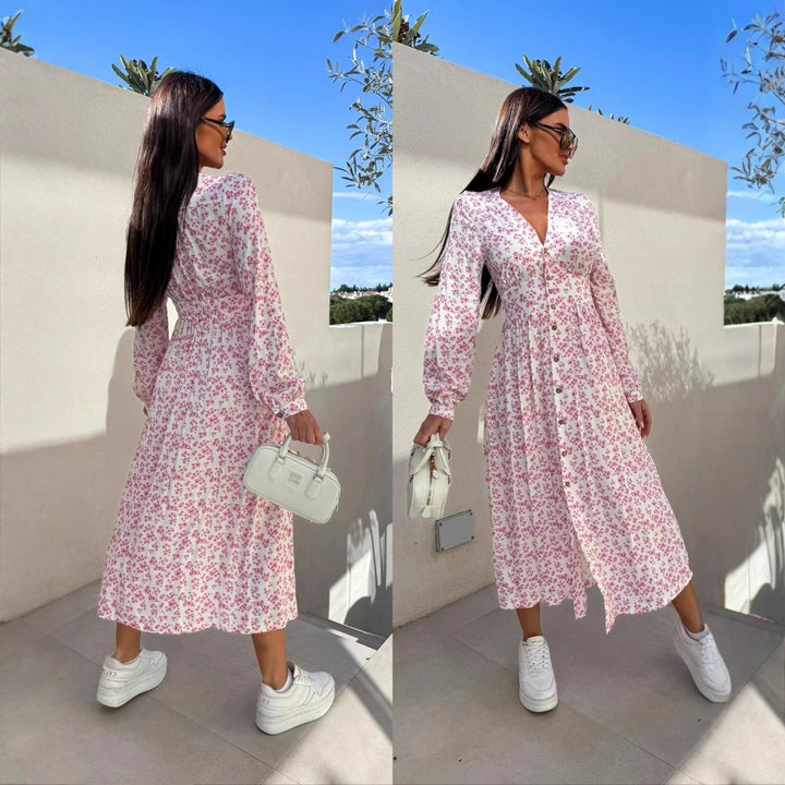 Damer Elegant Maxiklänning med blommönster och knappdetaljer Eva Jonsson-Eva Jonsson
