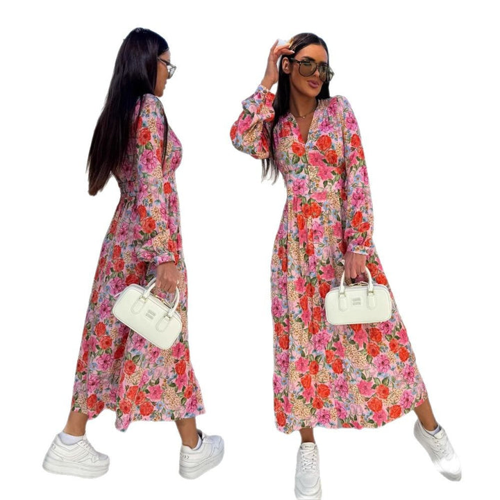 Damer Elegant Maxiklänning med blommönster och knappdetaljer Eva Jonsson-Eva Jonsson