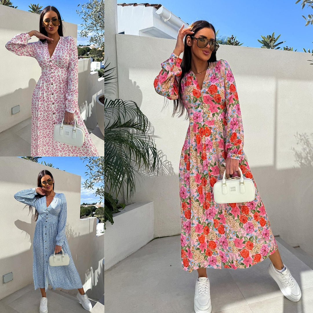 Damer Elegant Maxiklänning med blommönster och knappdetaljer Eva Jonsson-Eva Jonsson