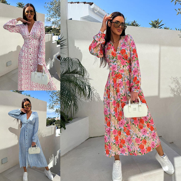 Damer Elegant Maxiklänning med blommönster och knappdetaljer Eva Jonsson-Eva Jonsson