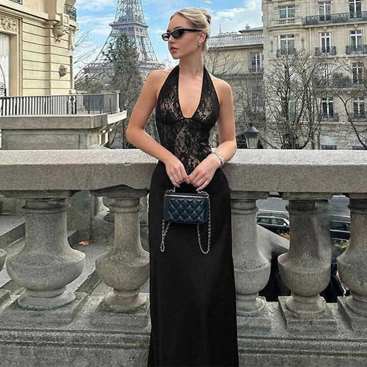 Damer Elegant Maxiklänning med djup V-ringning och spetsinsats Mirla-Eva Jonsson