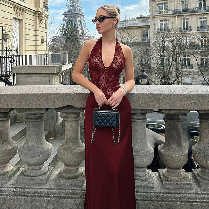 Damer Elegant Maxiklänning med djup V-ringning och spetsinsats Mirla-Eva Jonsson