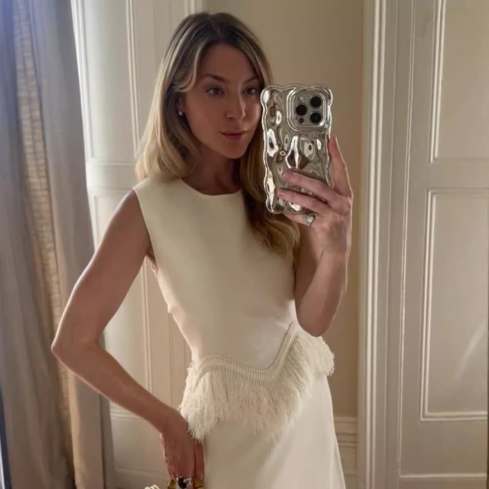 Damer Elegant Maxiklänning med fransdetalj och fin fåll Mirla-Eva Jonsson