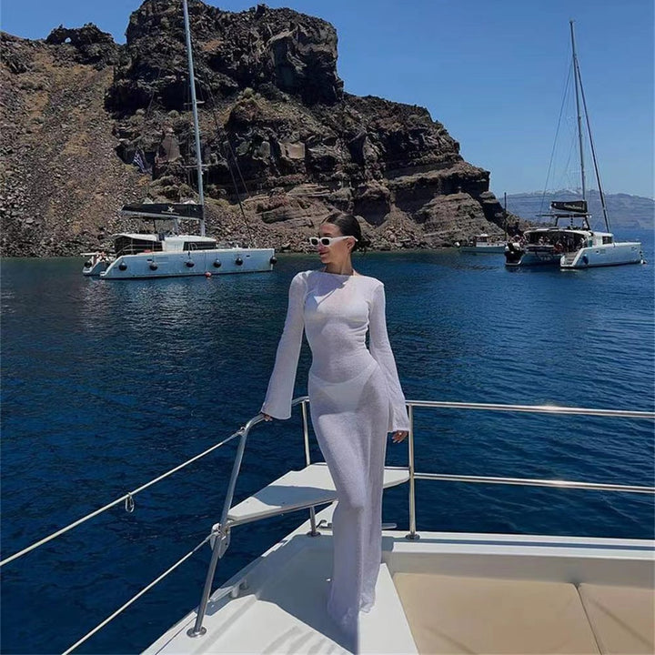 Damer Elegant Maxiklänning med genomskinligt tyg och stiliga trumpetärmar Eva Jonsson-Eva Jonsson