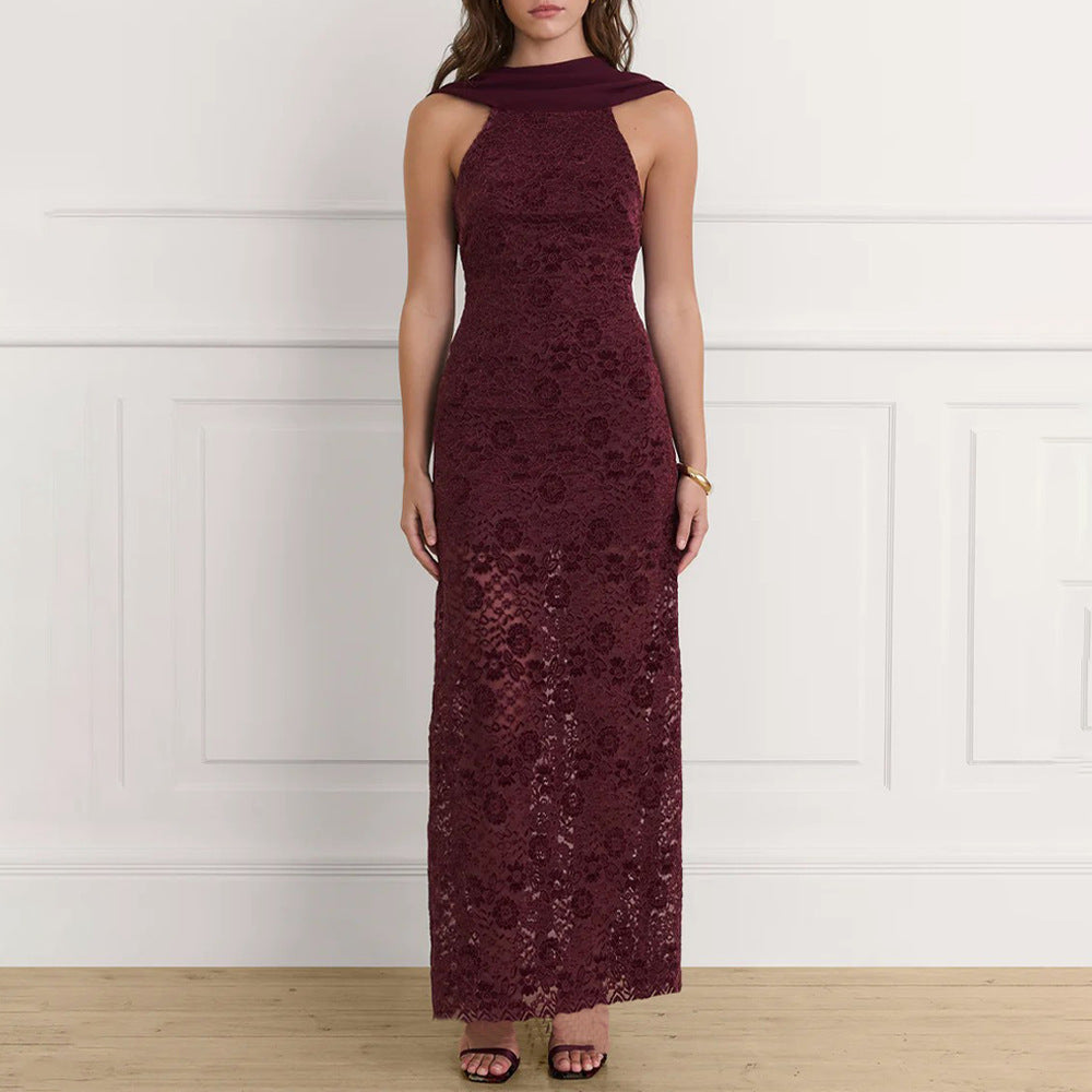 Damer Elegant Maxiklänning med raffinerad spetsdekoration och chic halterneck Mirla-Eva Jonsson