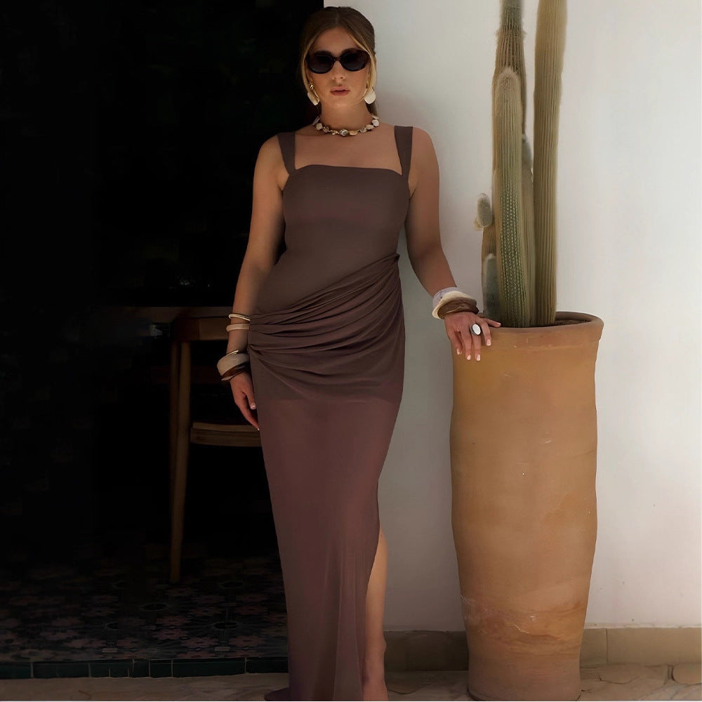 Damer Elegant Maxiklänning med raffinerade draperingar och genomskinlig kjol Mirla-Eva Jonsson