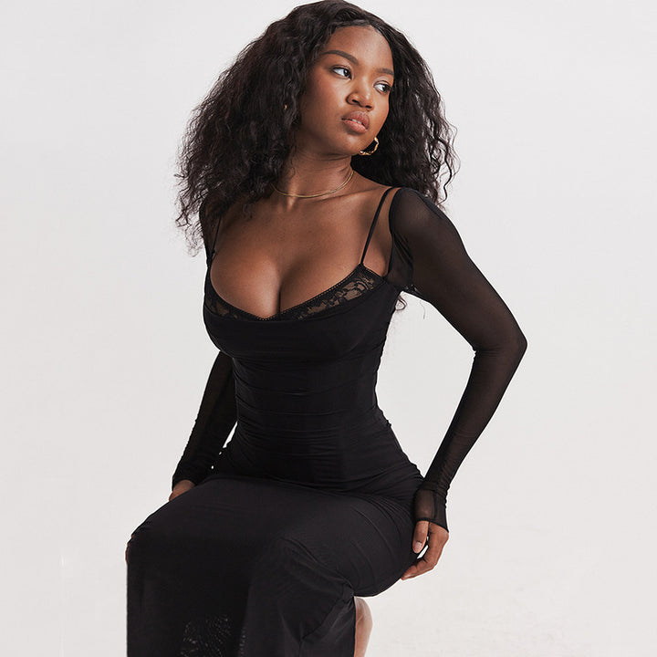 Damer Elegant Maxiklänning med transparenta ärmar och framhävd volangkant Mirla-Eva Jonsson