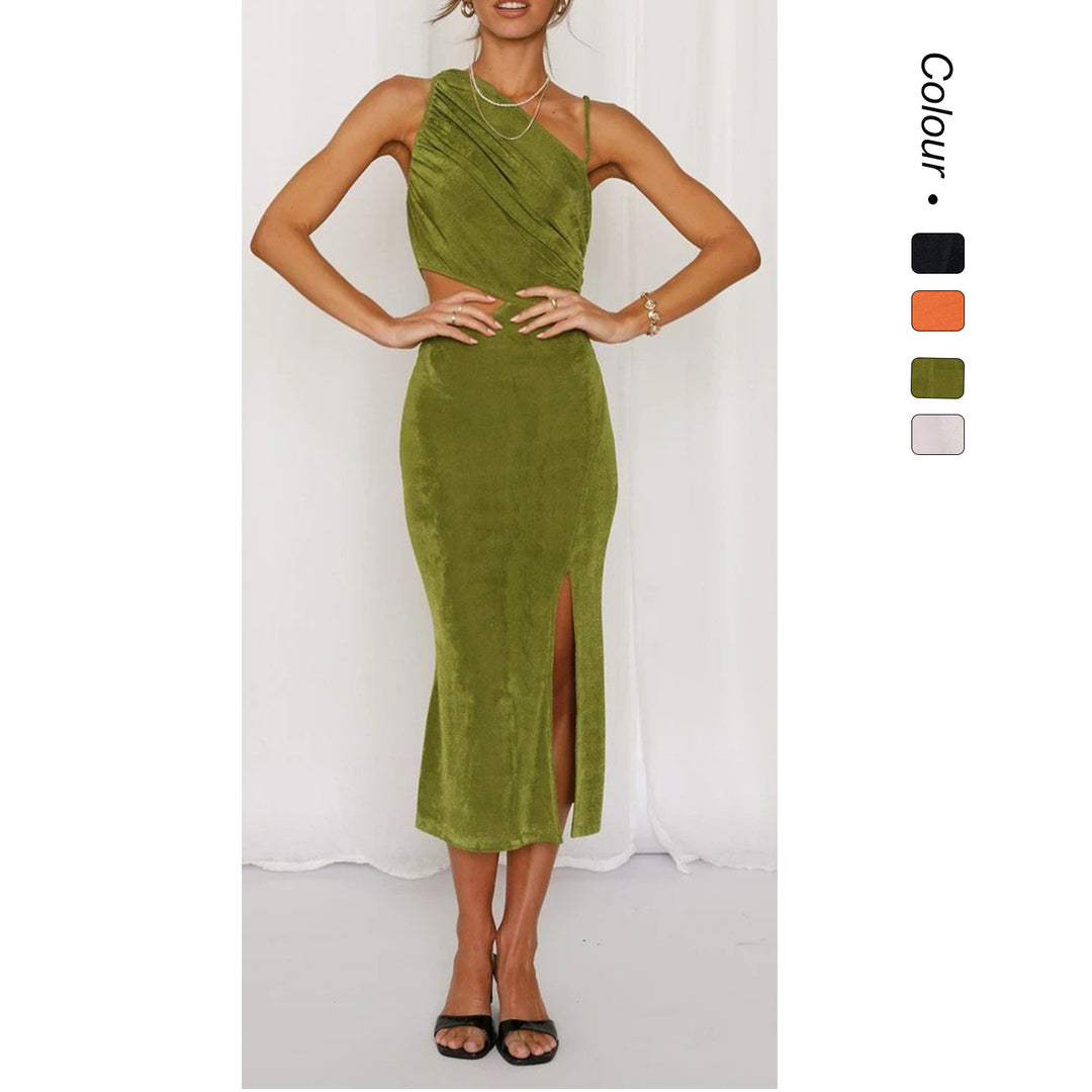 Damer Elegant Midi Klänning med Unik Asymmetrisk Design och Sidokutmål Mirla-Eva Jonsson
