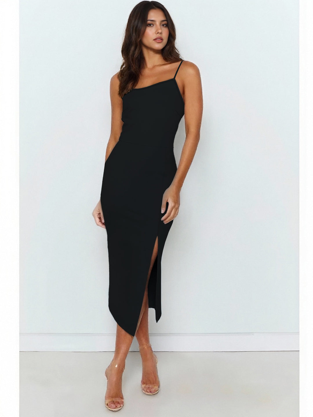 Damer Elegant Midi-klänning med asymmetrisk nederkant och slits Mirla-Eva Jonsson