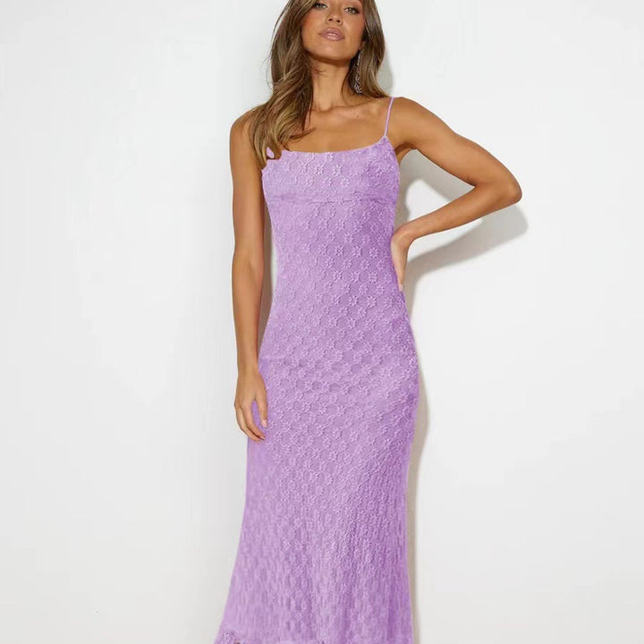 Damer Elegant Midi-klänning med fint spetsmönster och smala spaghetti axelband Mirla-Eva Jonsson