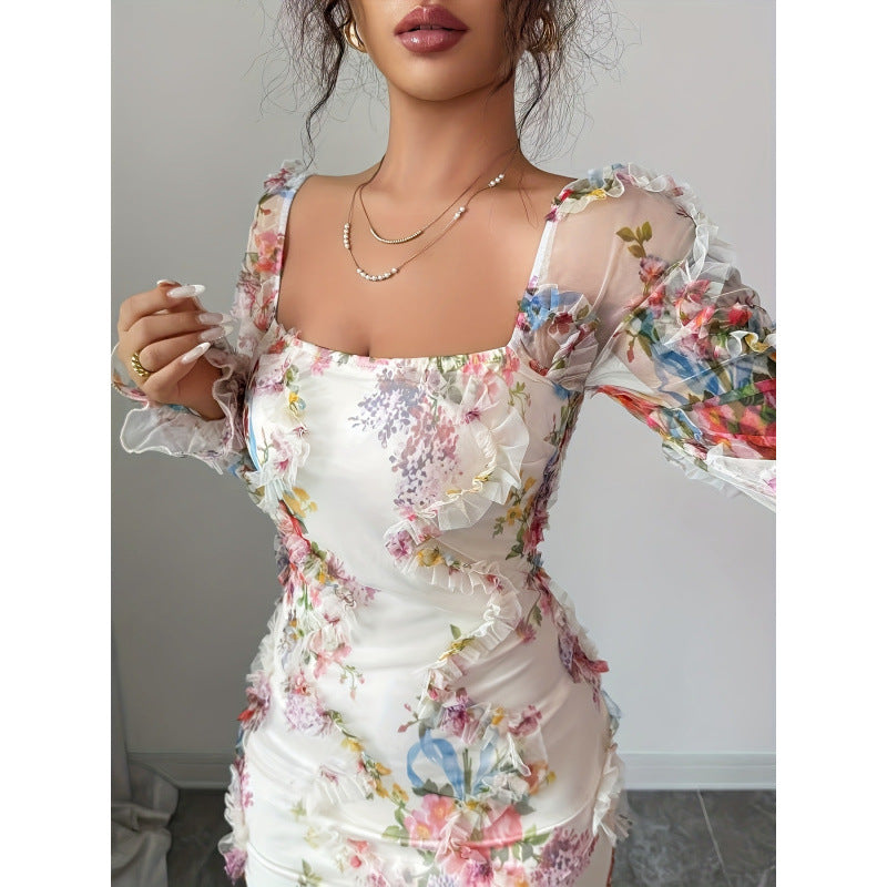 Damer Elegant Midikläder med blommiga spetsärmar och volangdetaljer Mirla-Eva Jonsson