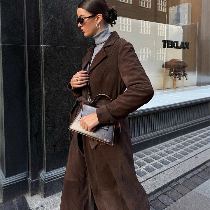 Damer Elegant Mockaskinnskappa med Midjebälte Mirla-Eva Jonsson