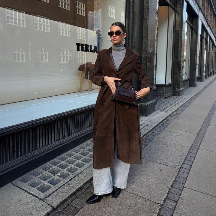 Damer Elegant Mockaskinnskappa med Midjebälte Mirla-Eva Jonsson