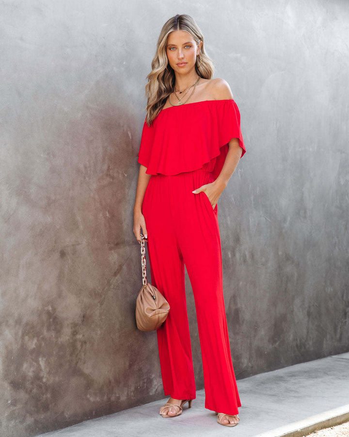 Damer Elegant Off-Shoulder Jumpsuit med Vid Ben och Flödande Topp Mirla-Eva Jonsson