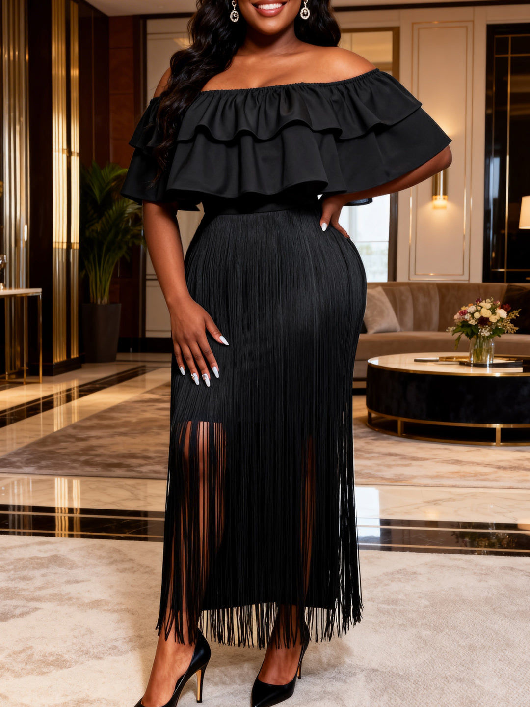 Damer Elegant Off-Shoulder Klänning med voluminöst Rüschensaum och fransigt Design Mirla-Eva Jonsson