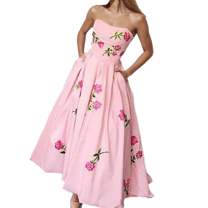 Damer Elegant Off-Shoulder Maxi Klänning med Blommönster och Sidofickor Mirla-Eva Jonsson