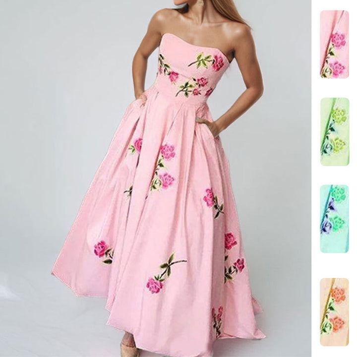Damer Elegant Off-Shoulder Maxi Klänning med Blommönster och Sidofickor Mirla-Eva Jonsson
