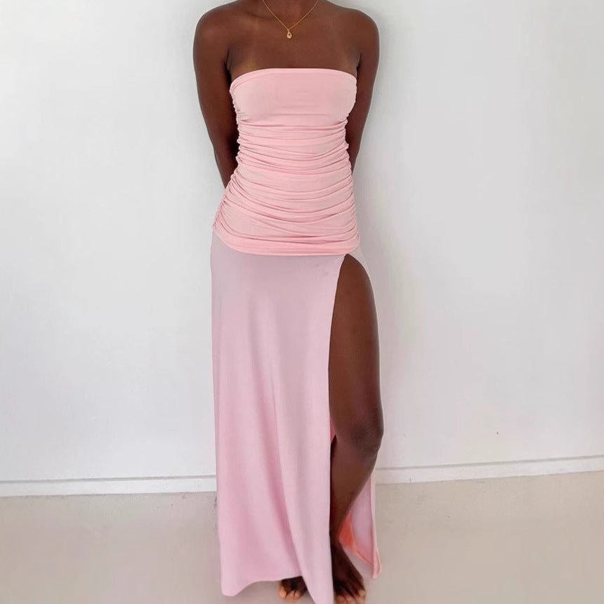 Damer Elegant Off-Shoulder Maxiklänning med Höga Slitsar och Rynkor Mirla-Eva Jonsson