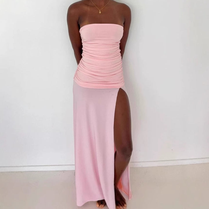 Damer Elegant Off-Shoulder Maxiklänning med Höga Slitsar och Rynkor Mirla-Eva Jonsson
