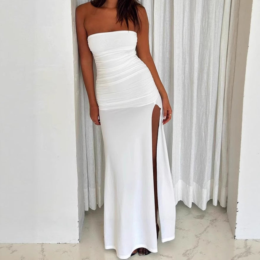 Damer Elegant Off-Shoulder Maxiklänning med Höga Slitsar och Rynkor Mirla-Eva Jonsson