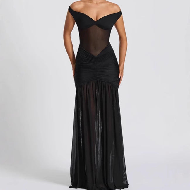Damer Elegant Off-Shoulder Maxiklänning med Rufsdetaljer och hög slits Mirla-Eva Jonsson