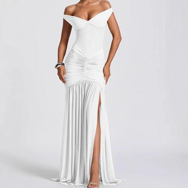 Damer Elegant Off-Shoulder Maxiklänning med Rufsdetaljer och hög slits Mirla-Eva Jonsson