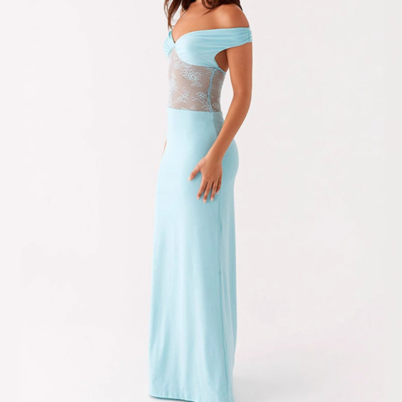 Damer Elegant Off-Shoulder Maxiklänning med genomskinlig spetsöverdel och smal elastisk fåll Mirla-Eva Jonsson
